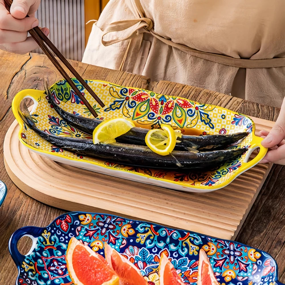 1pc Bohemian style ceramic fish dish with handle: 12.8-inch rectangular dining table tray, suitable for microwave and oven