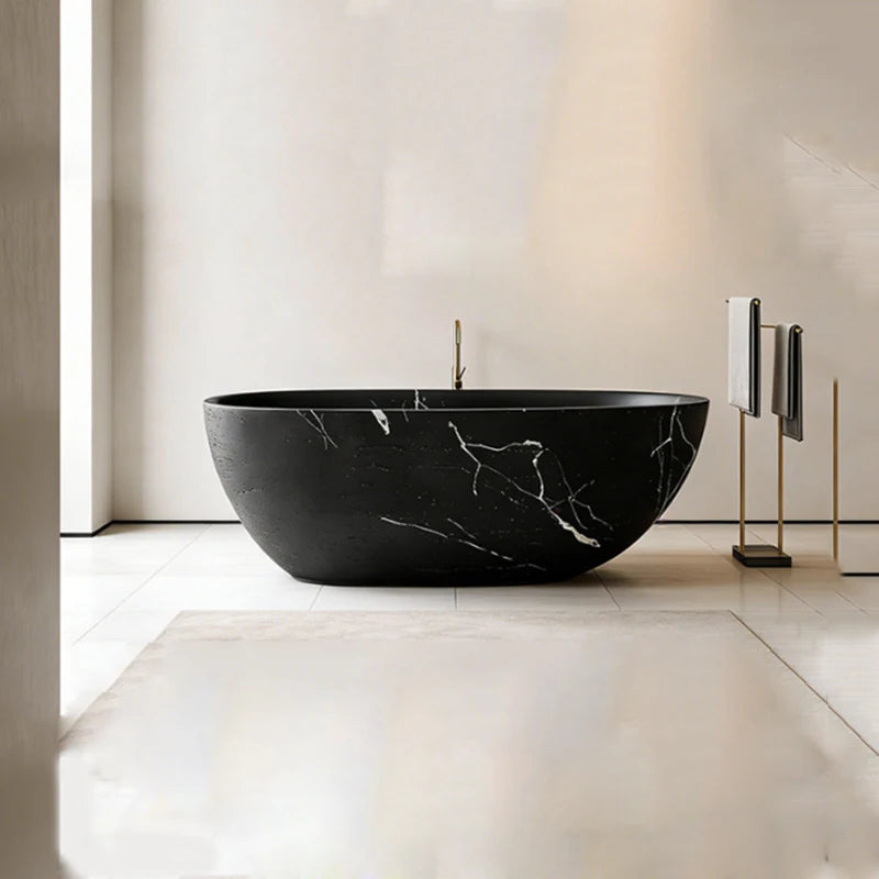 1700x750x540mm Bathroom Artificial Stone Freestanding Stone Bathtub, Black with White Veins