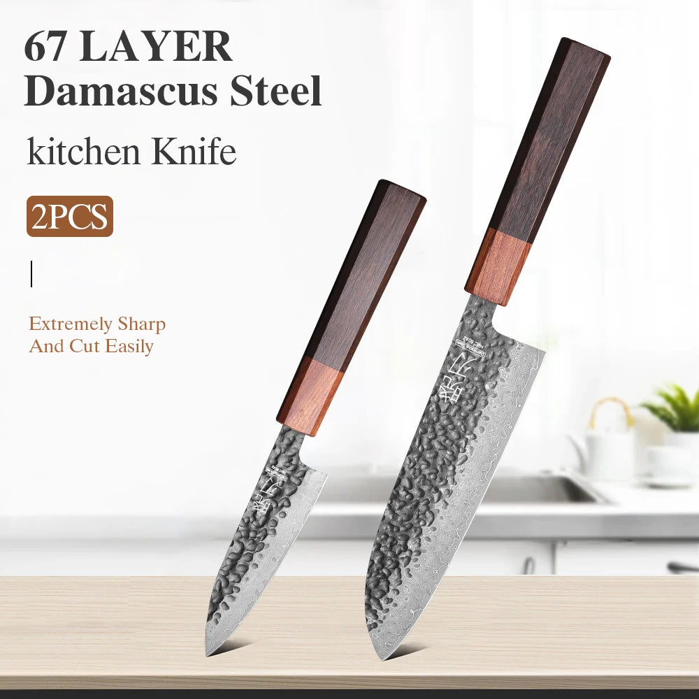 1PC-3PCS Professional Kitchen Knives Set Japanese Handmade 67 Layer Damascus Steel Kiritsuke Chef Knife Santoku Paring Knife