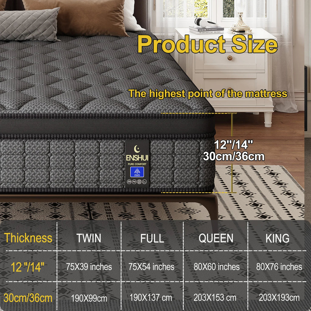 12"/14" Inch Medium Gel Memory Foam Mattress, Twin, Full, Queen, King Mattress In A Box