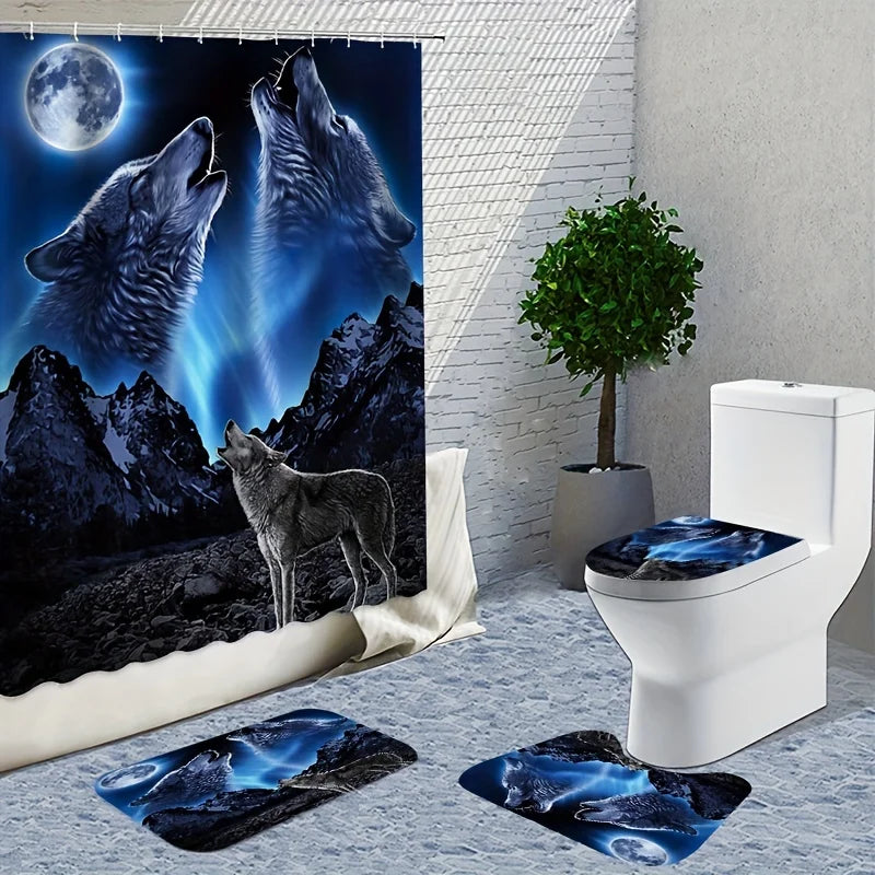 Roaring Wolf Bathroom Set under Full Moon - Waterproof Shower Curtain, Super Soft Floor Mat, Toilet Lid, and Contour Mat