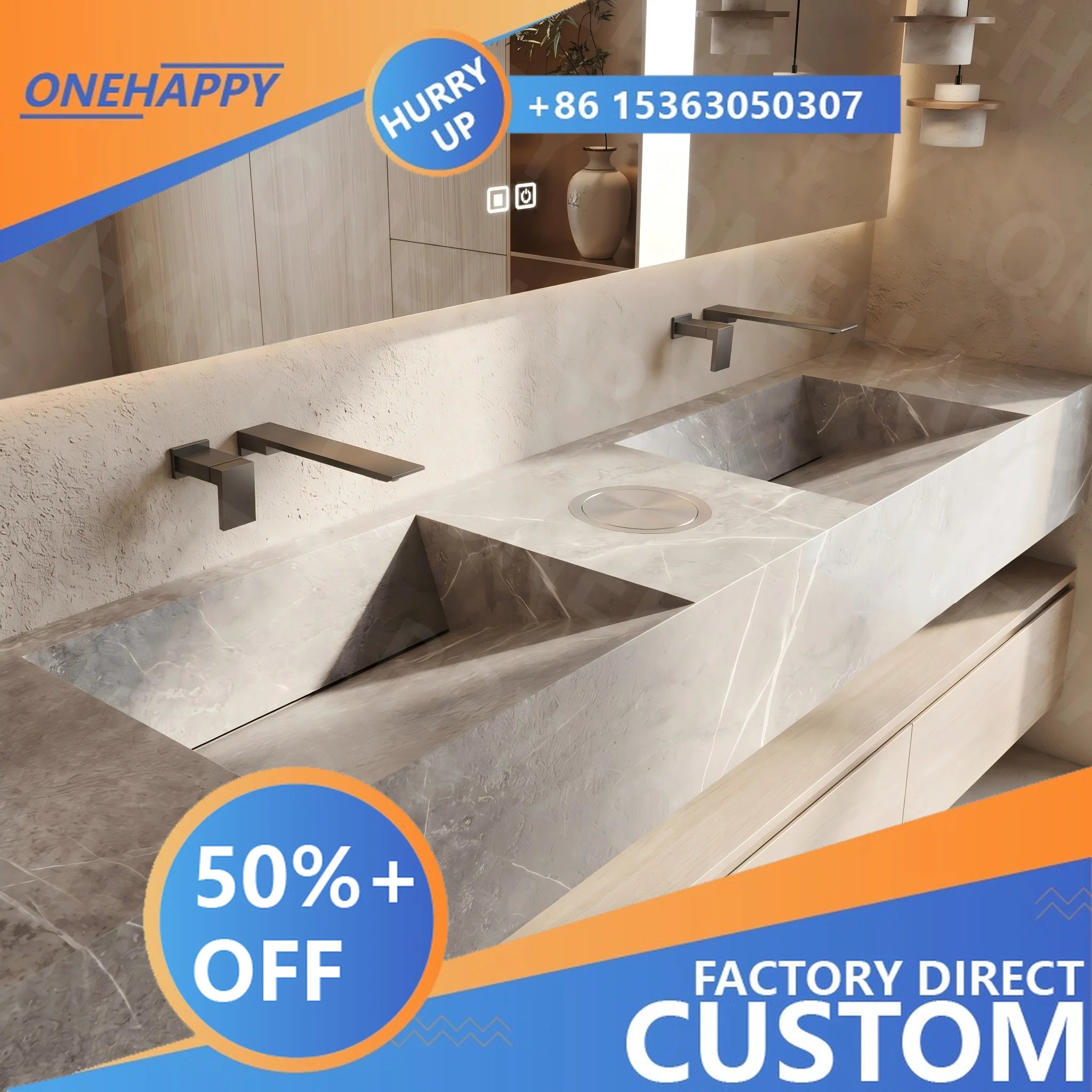 Any Size Custom Marble Seamless Stone Vanity Set, Customizable