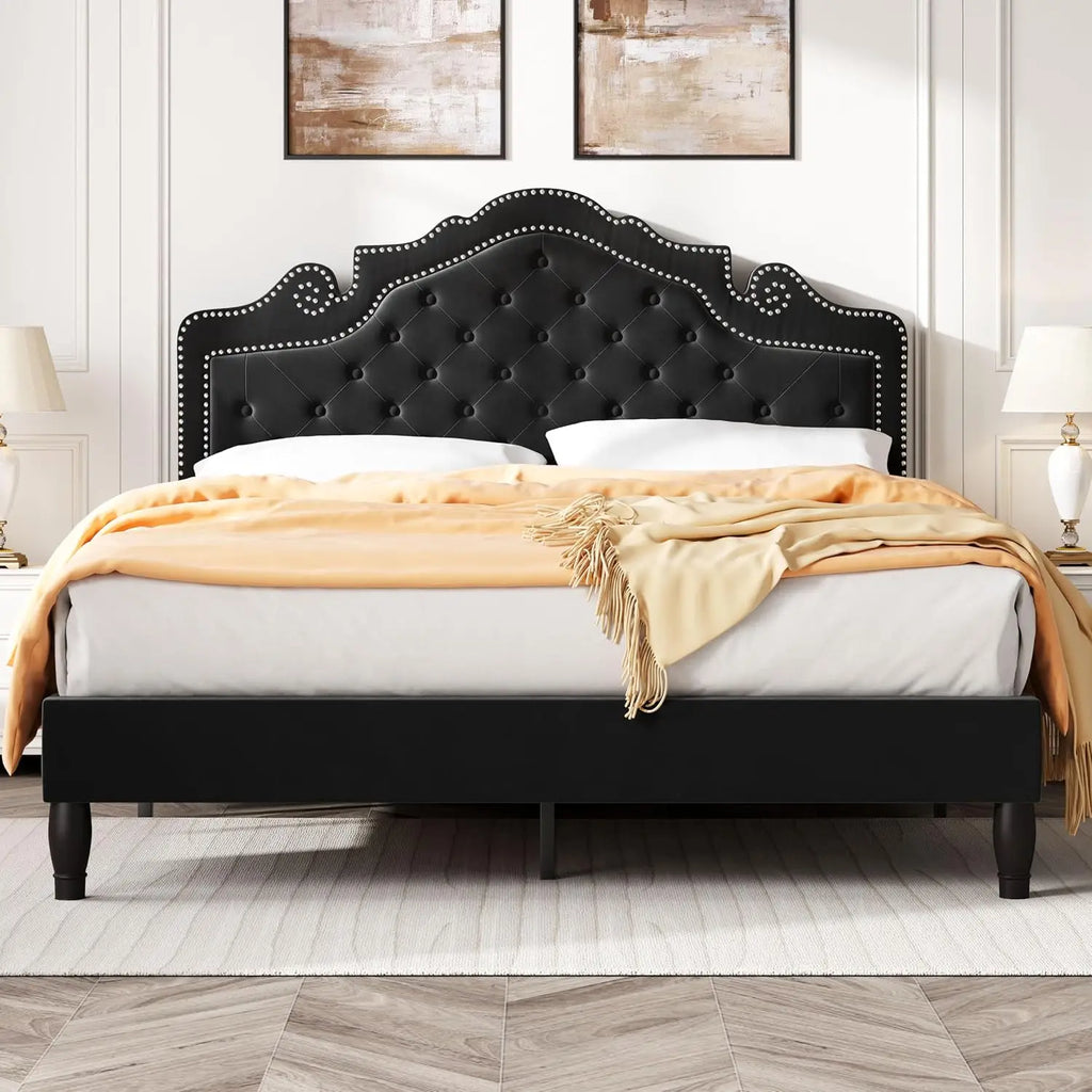 Full Size Upholstered Bed Frame Adjustable Headboard Velvet Tufted, Metal Studs, Wood Slats