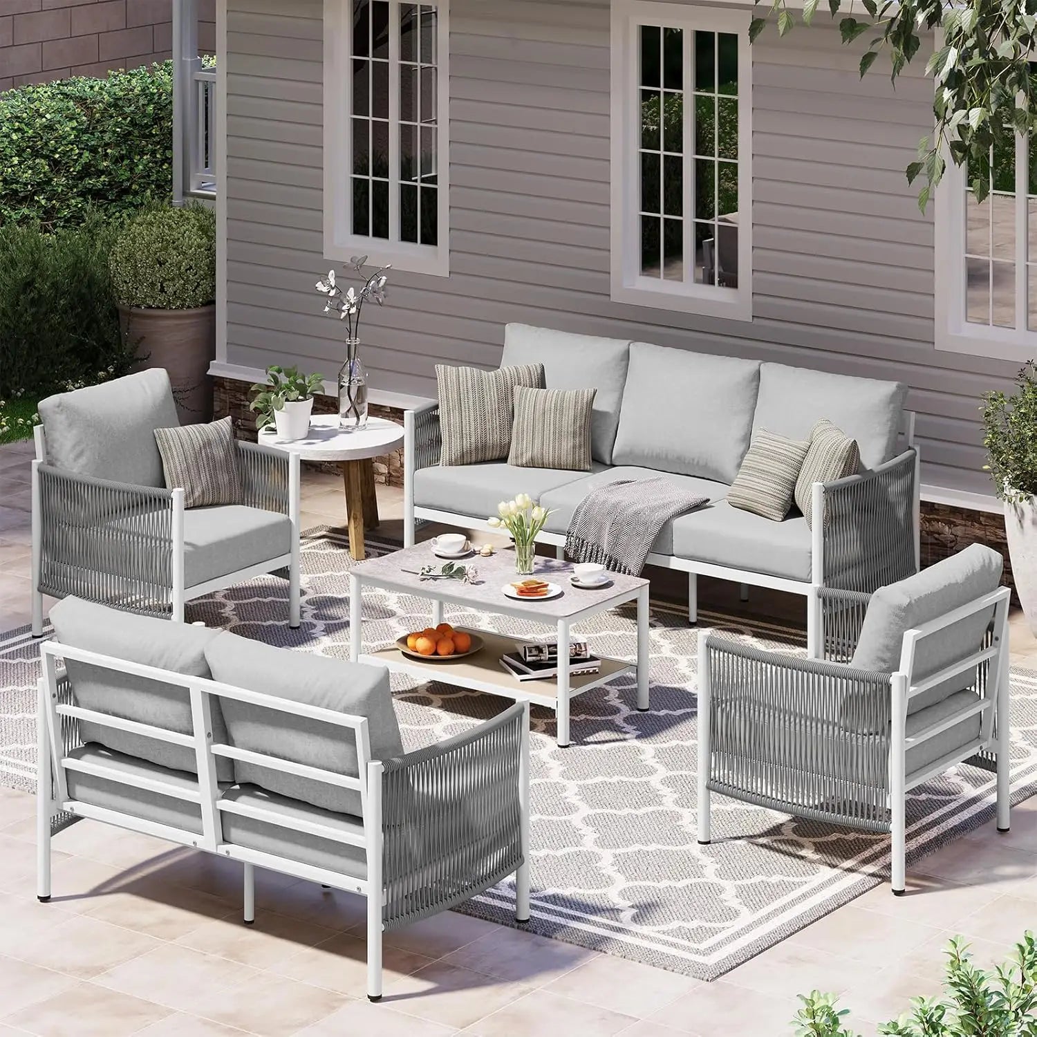 5 Piece Aluminum Outdoor Patio Furniture Set with Dual-Layer Coffee Table,