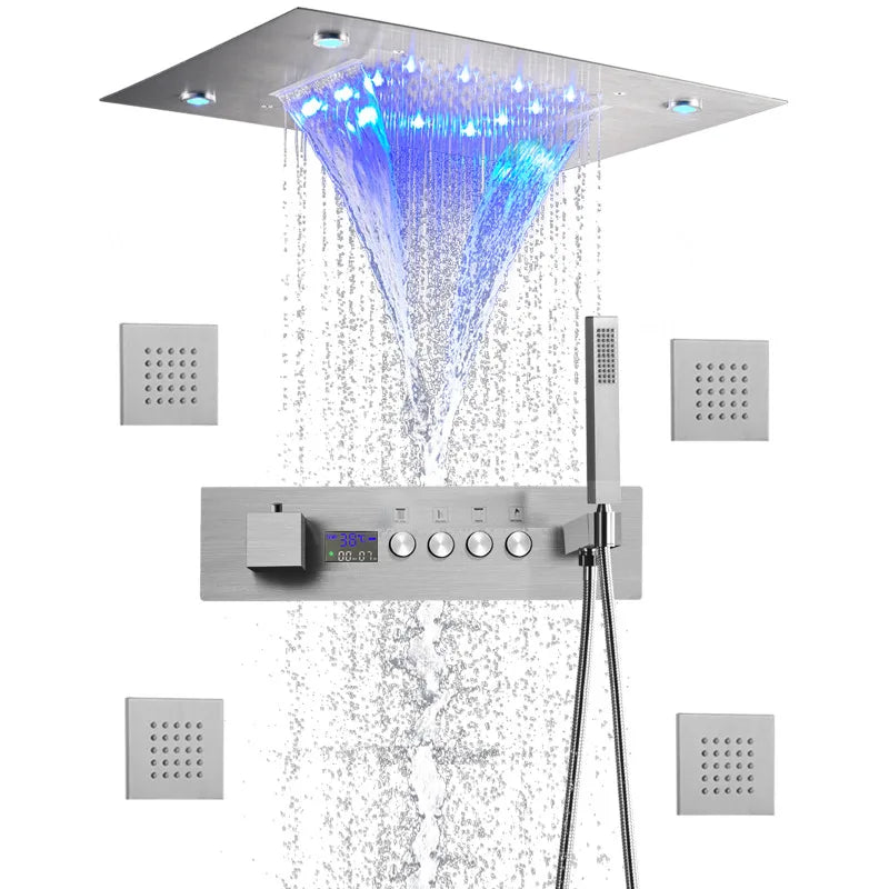 Concealed Brass Shower, LED Thermostatic digital display, showerheads set into the Wall, concealed showerhead in ceiling