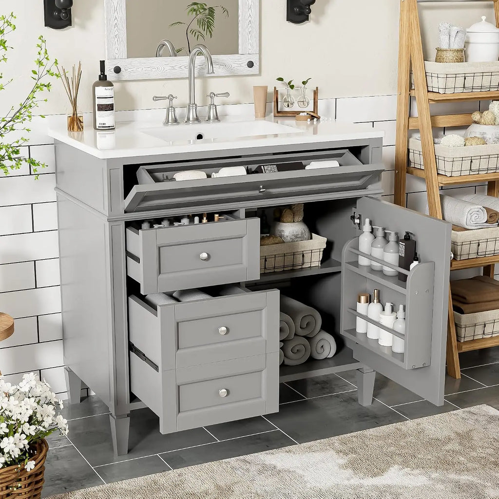36'' Bathroom Storage Cabinet Vanity with Single Sink with 2 Drawers, 1 Pull Down Drawer and 1 Door