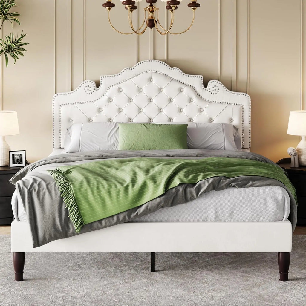 Full Size Upholstered Bed Frame Adjustable Headboard Velvet Tufted, Metal Studs, Wood Slats