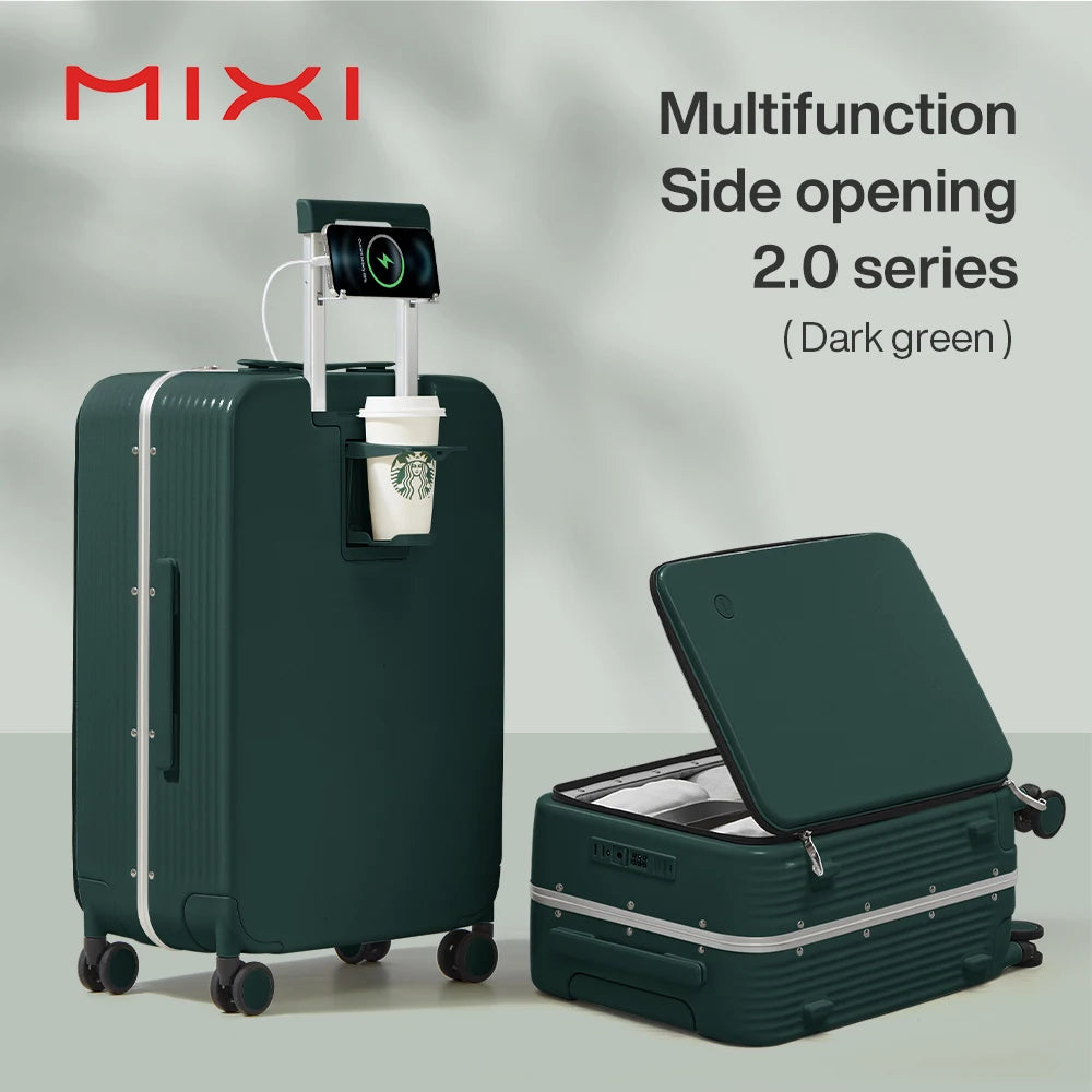 Mixi New Aluminum Frame Suitcase Carry On Rolling Luggage with USB Port, Boarding Cabin Cup, and Phone Holder