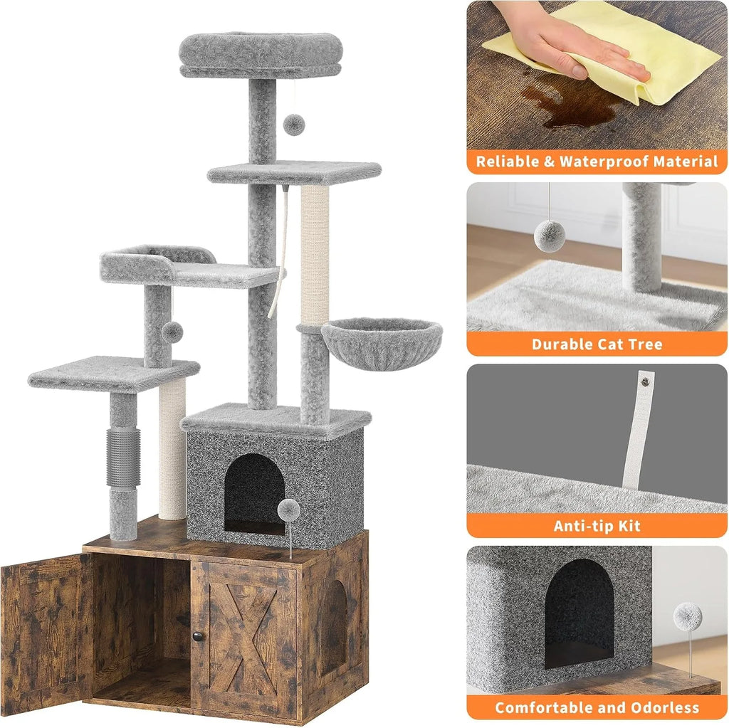 3-in-1 Modern Cat Tree with Hidden Litter Box Enclosure, Cat Condo Furniture with Scratching Post, Hammock & Platforms,