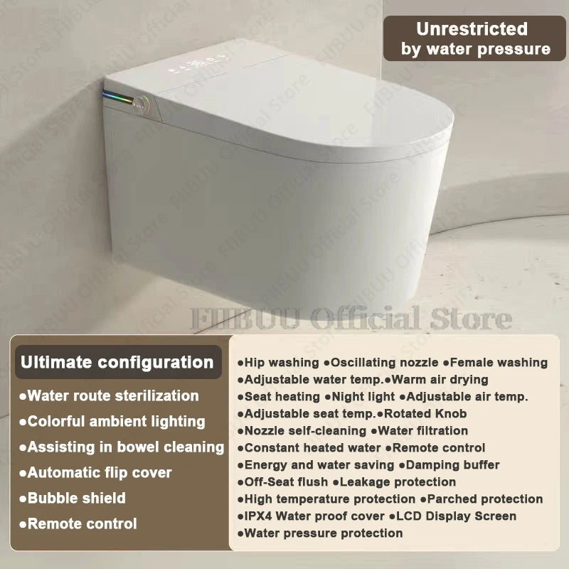Wall Mounted Intelligent Toilet Bidet Smart Toilet for Bathroom Tankless Auto Open/Close Heated Seat Electric Elongated WallHung