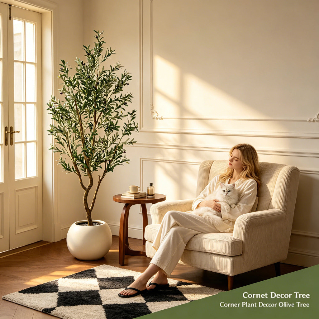 Artificial Indoor Olive Trees, 5.25/6.10/7.10FT Tall Faux Olive Tree with Black Pot,