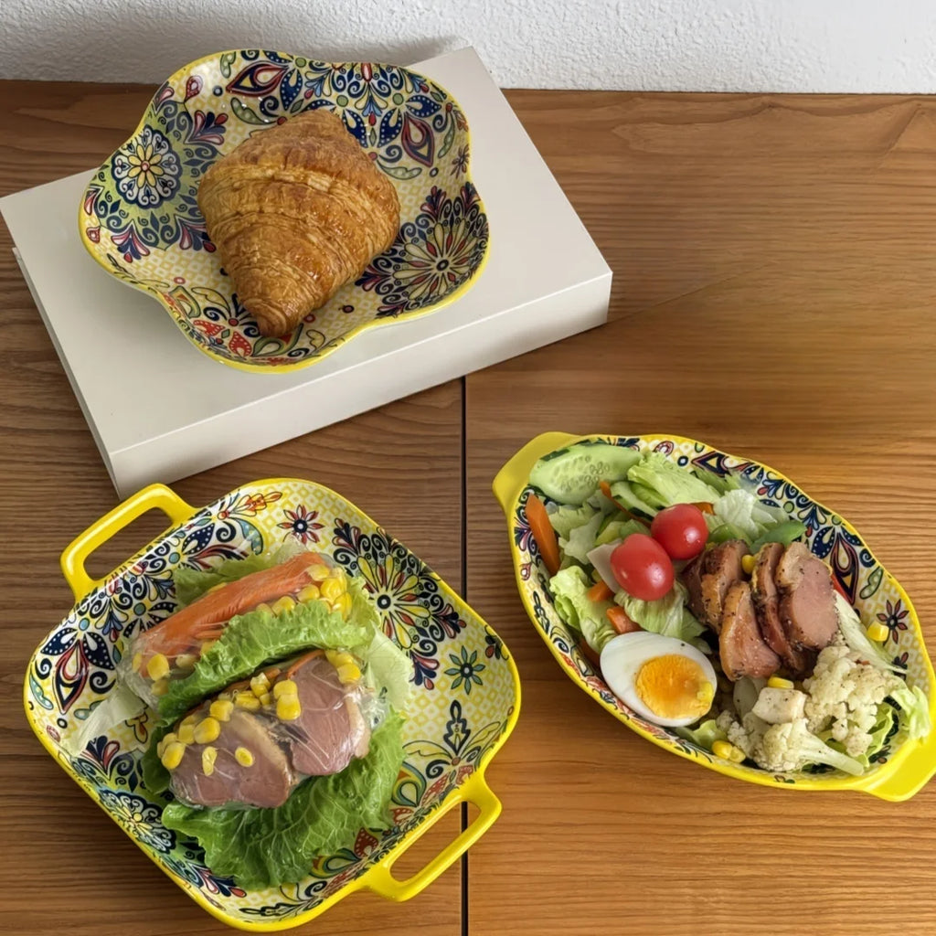 Bohemian ceramic plate set, double-eared fish plate, household steamed fish plate, high-value salad plate, cooking plate