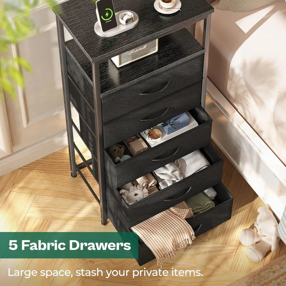 5 Drawers Dresser with Charging Station, Chest of Drawers with Open Shelf