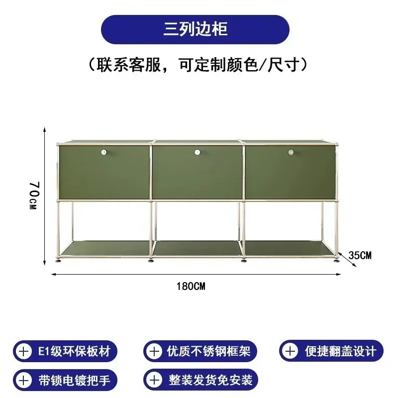 Olive Green Sideboard Storage Cabinets, Modular Combination Metal Frame for Living Room, Office
