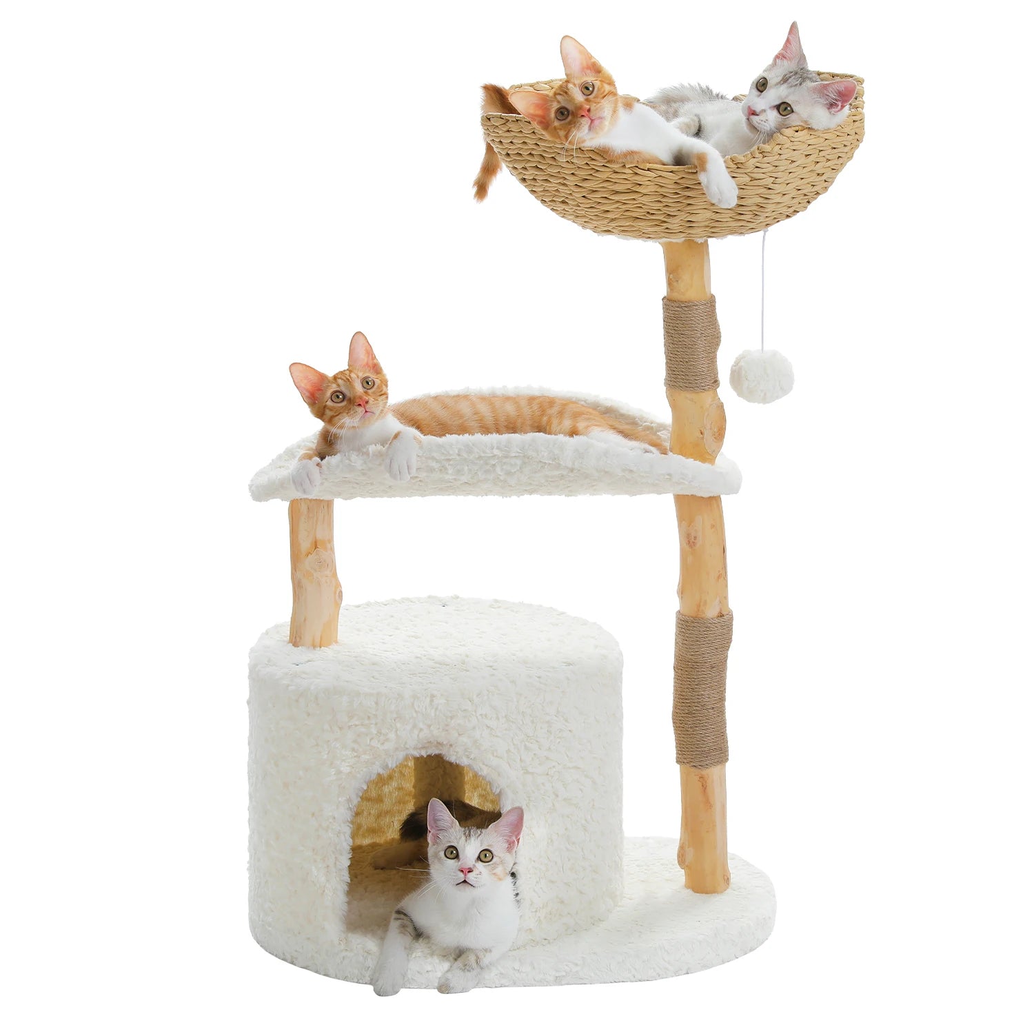 Modern Cat Tree Tower with Natural Solid Wood Scratching Posts Spacious Wicker Basket Luxury Cat Condo Bed
