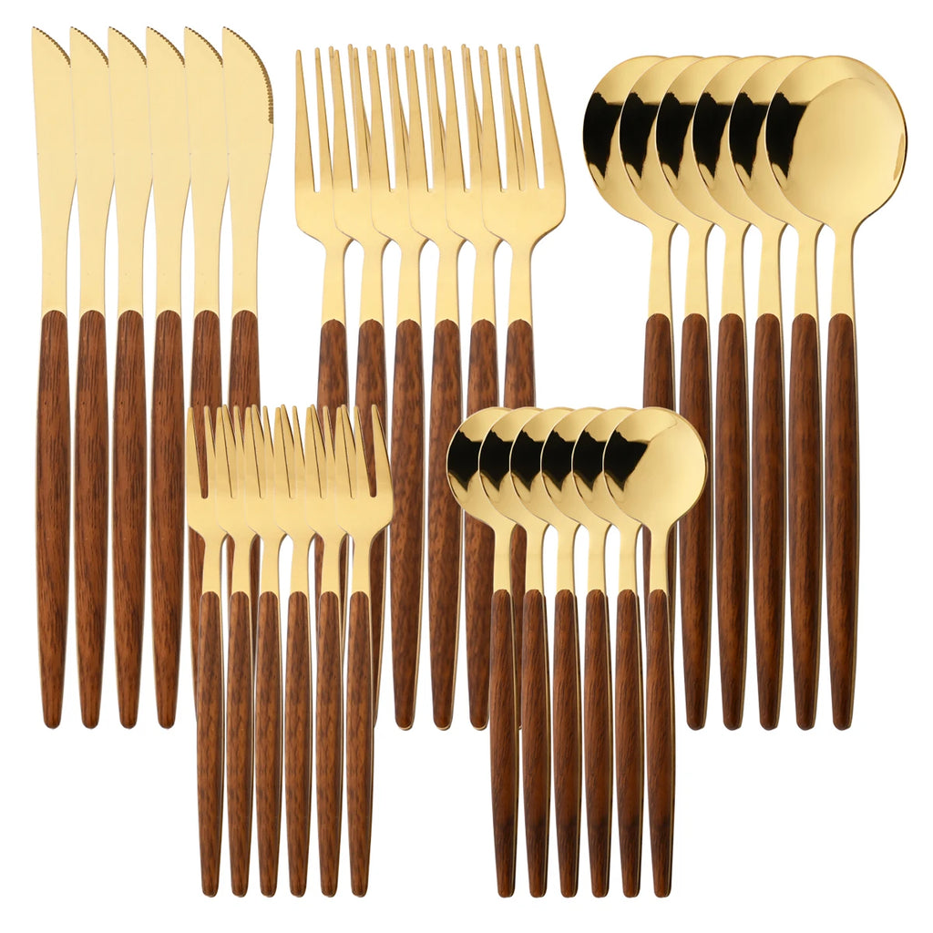 6/30Pcs Imitation Wooden Handle Cutlery Set Knife Cake Fork Coffee Spoons Tableware Stainless Steel Dinnerware Western Flatware