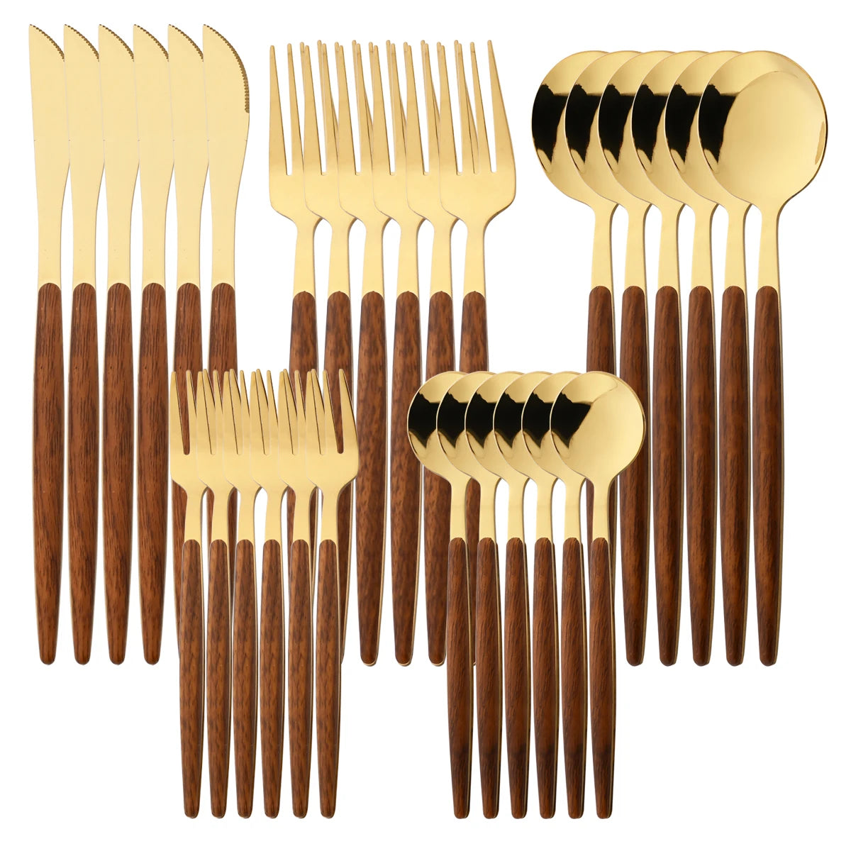 6/30Pcs Imitation Wooden Handle Cutlery Set Knife Cake Fork Coffee Spoons Tableware Stainless Steel Dinnerware Western Flatware