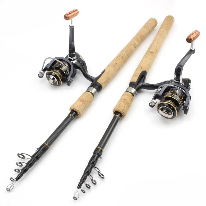 Telescopic Lure Rod with Long Wooden Handle & Spinning Reel Combo,
