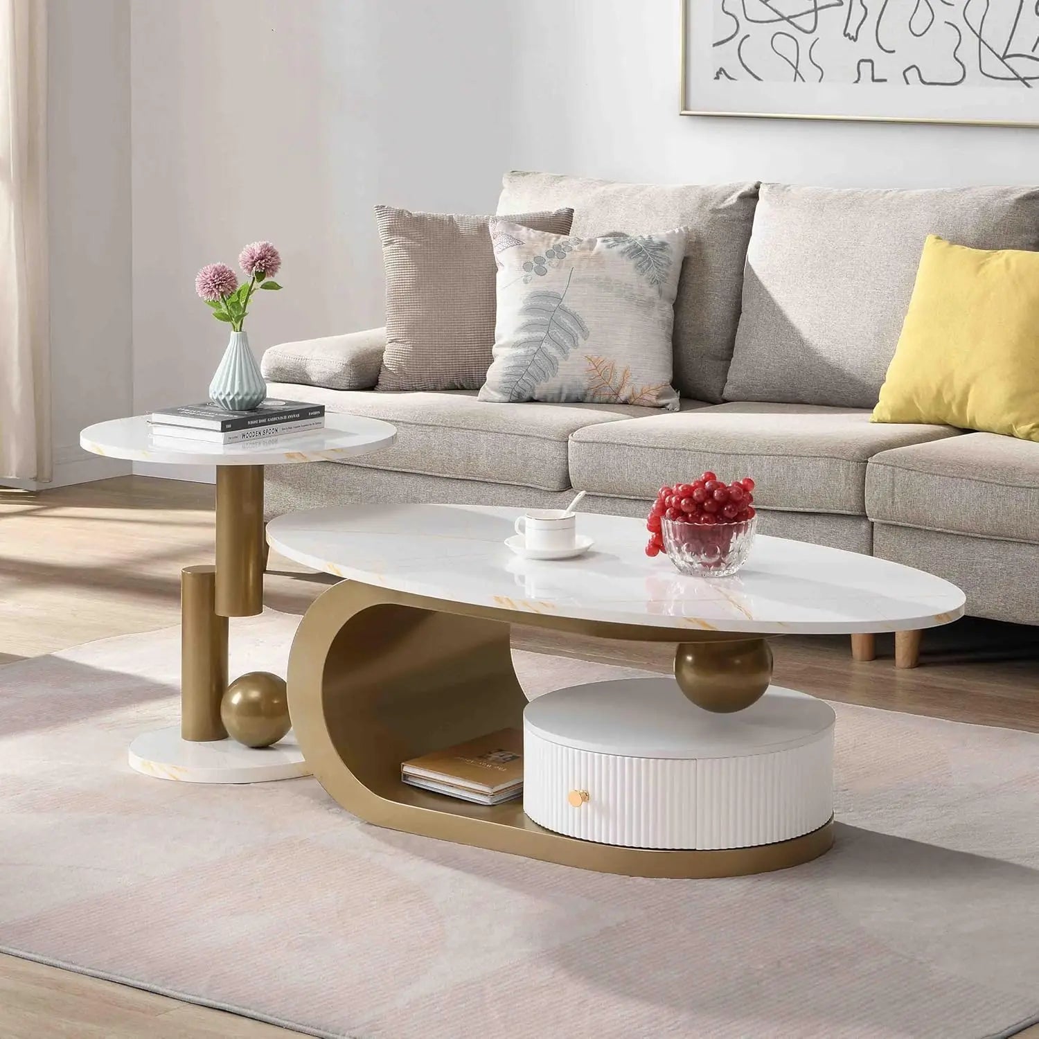 Modern Coffee Table with Silver Stainless Steel Pedestal, Oval Living Room Table with Faux Marble Top