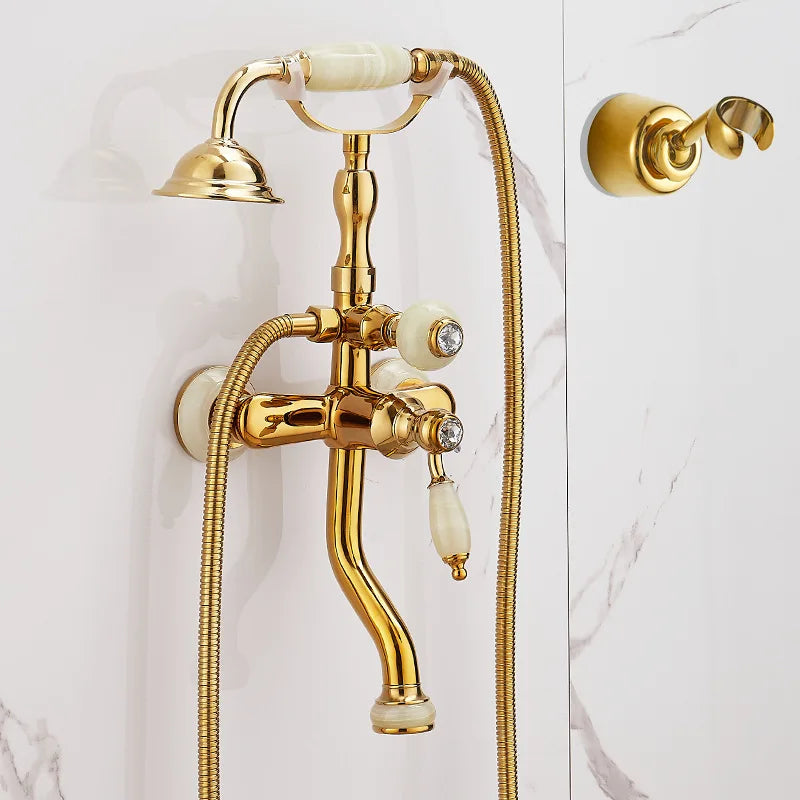 European vintage Brass Bathtub Hot and Cold water faucet with simple triple shower head