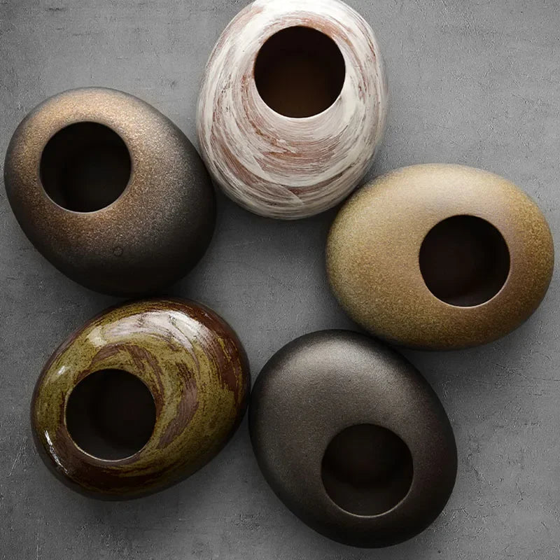 Japanese Style Terracotta Vase Imitation Stone Abstract Flower Arranger