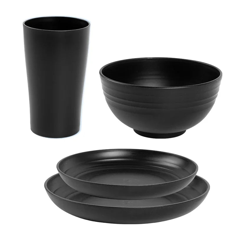4/16Pcs Black Plastic Set Reusable Plates, Bowl, Cups 4 Sets for Kitchen Outdoor Camping
