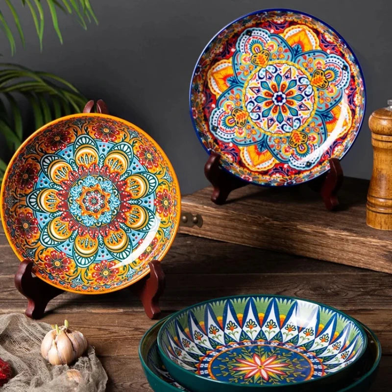 7in or 8in Ceramic Plates Household Retro Tableware Pasta Steak Plate Breakfast Dumpling  Fruit Plate