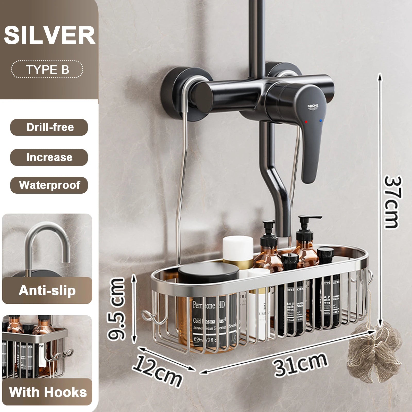 Convenient Toilet Shower Rack with No Drilling Installation Bathroom Storage Aluminum Basket for Shower Room and Bath Products