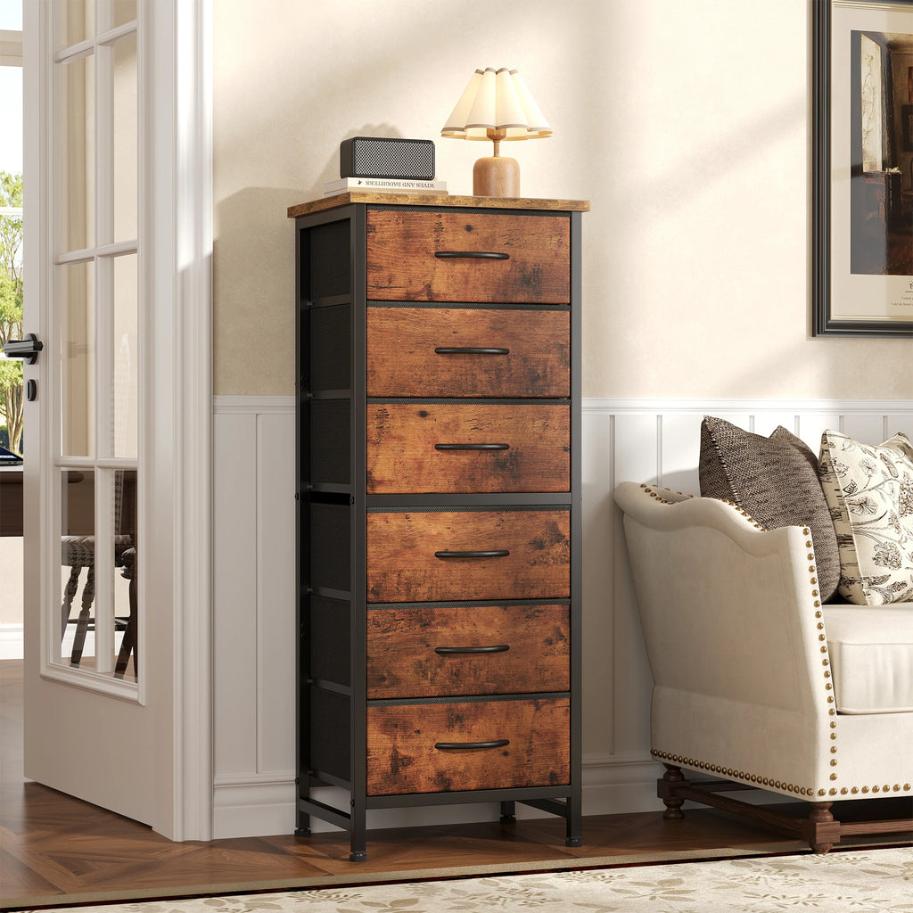 JHK Tall 6 Fabric Drawer Dresser with Wood Top and Metal Frame