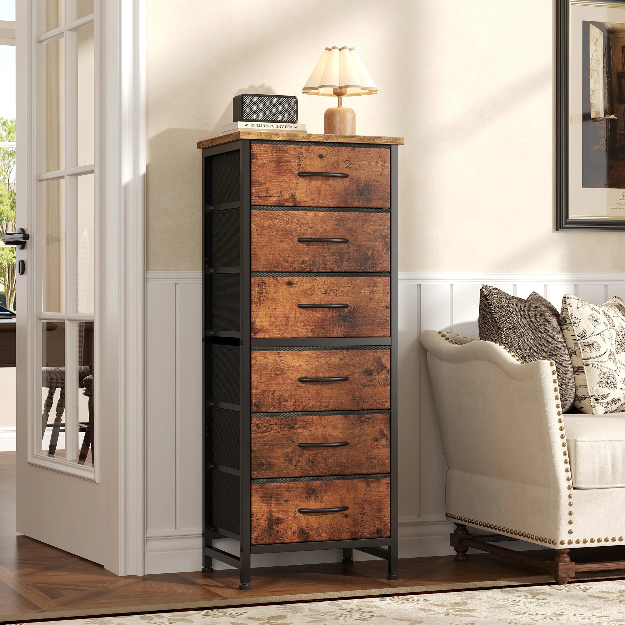 JHK Tall 6 Fabric Drawer Dresser with Wood Top and Metal Frame
