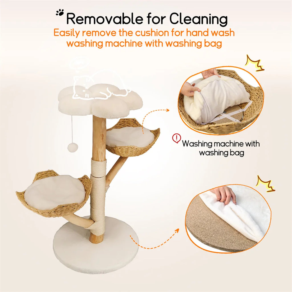 110cm Modern Cat Furniture Climbing Tree Solid Wood Activity Center with Scratching Post