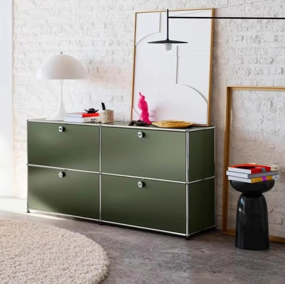 Olive Green Sideboard Storage Cabinets, Modular Combination Metal Frame for Living Room, Office