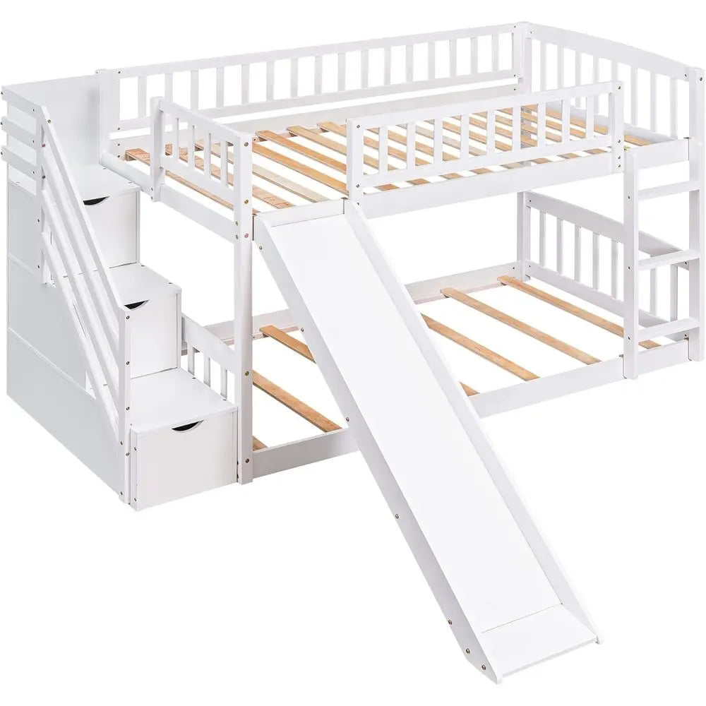 Bellemave Wood Bunk Beds with Slide, Twin Over Twin Low Bunk Bed Frame with Storage Drawers, Stairway