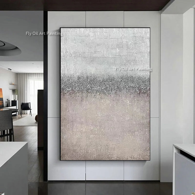Gray Abstract Wall Art On Canvas Handpainted Brown And White Thick Oil Painting