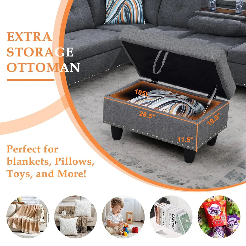 Modern L-Shape Sectional Sofa Chaise & Ottoman, 2 Pillows, Cup Holder