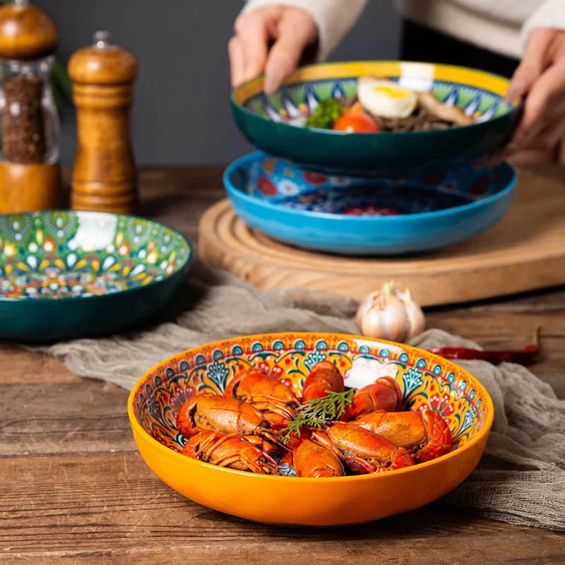 7in or 8in Ceramic Plates Household Retro Tableware Pasta Steak Plate Breakfast Dumpling  Fruit Plate