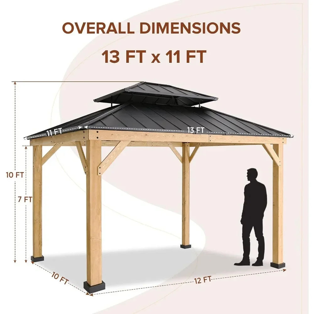 11x13 Outdoor Cedar Wood Frame Pavilion with Galvanized Steel Double Roof,