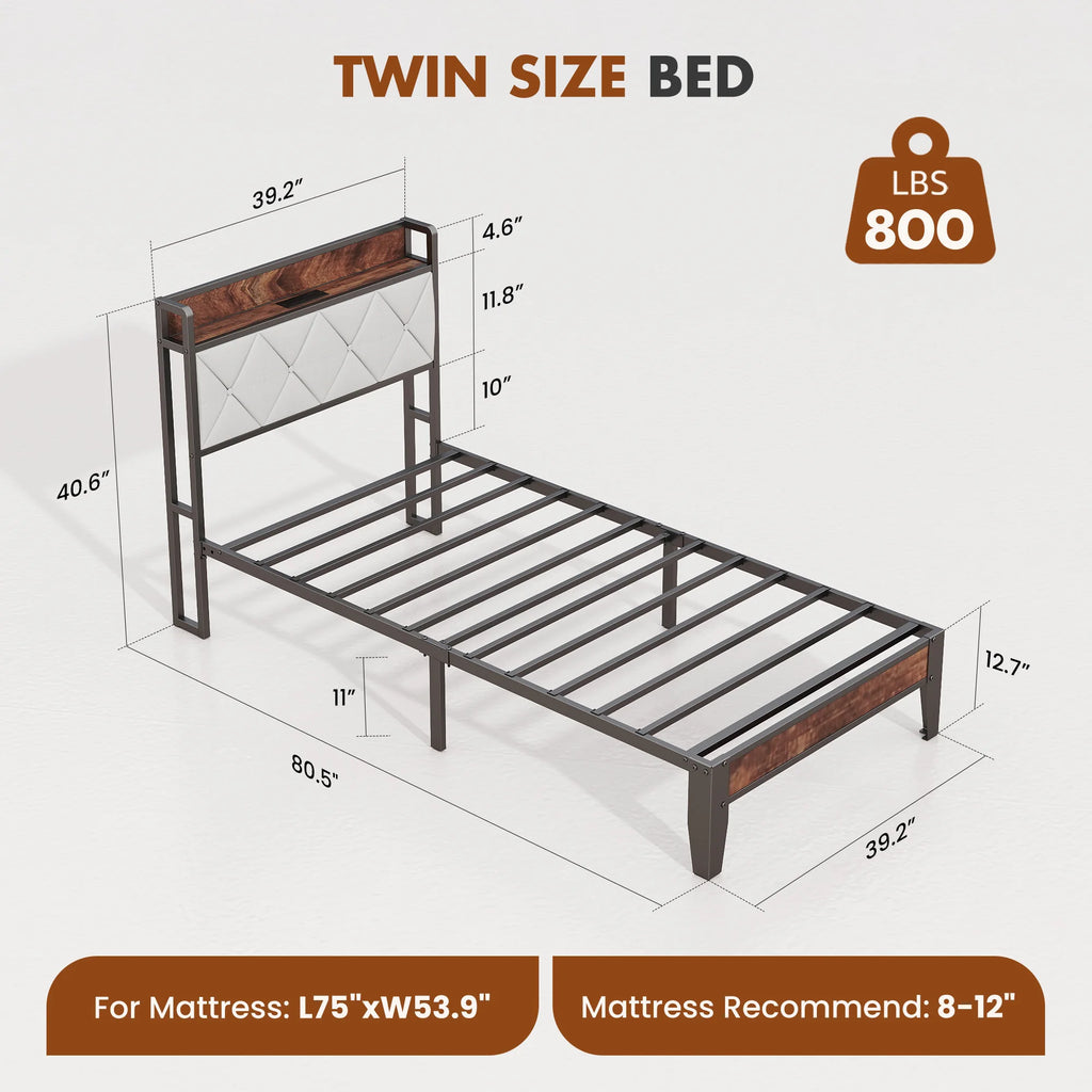 JHK Soft Pack Heavy Duty Metal Bed Frame with Headboard Charging Station, 1100lbs Capacity