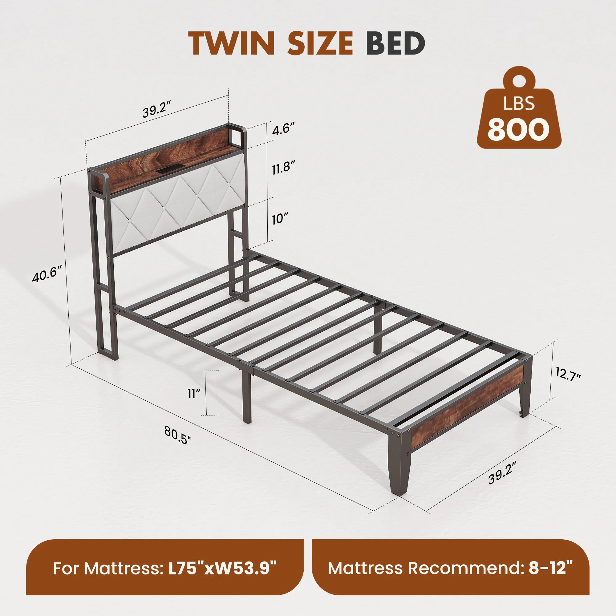 JHK Soft Pack Heavy Duty Metal Bed Frame with Headboard Charging Station, 1100lbs Capacity