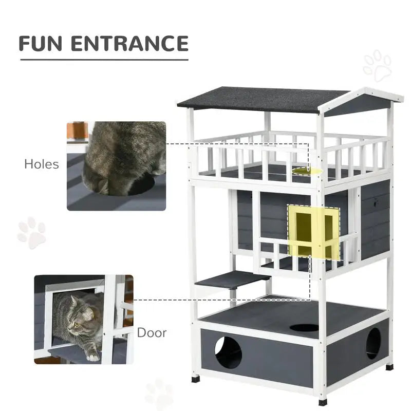 Wooden Outdoor Cat House, Feral Cat Shelter with Asphalt Roof, Escape Doors, Condo, Jumping Platform, Grey Color