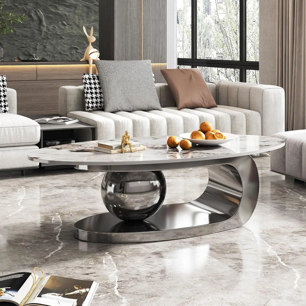 Modern Coffee Table with Silver Stainless Steel Pedestal, Oval Living Room Table with Faux Marble Top