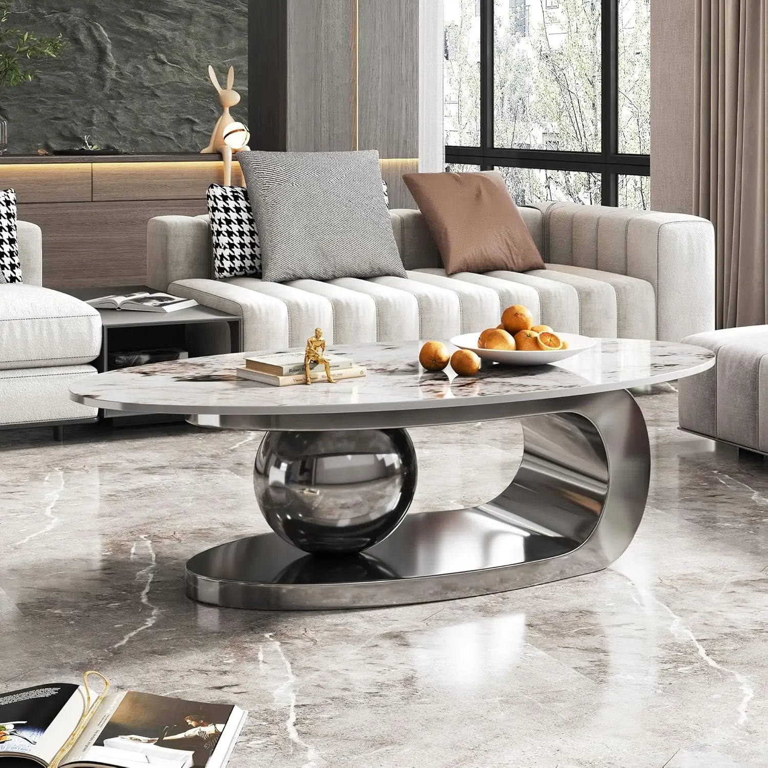 Modern Coffee Table with Silver Stainless Steel Pedestal, Oval Living Room Table with Faux Marble Top