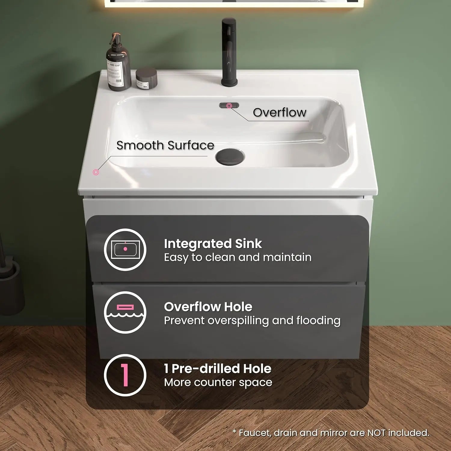 24" Bathroom Floating Vanity with Sink, with Double Soft Closing Drawers, Large Storage