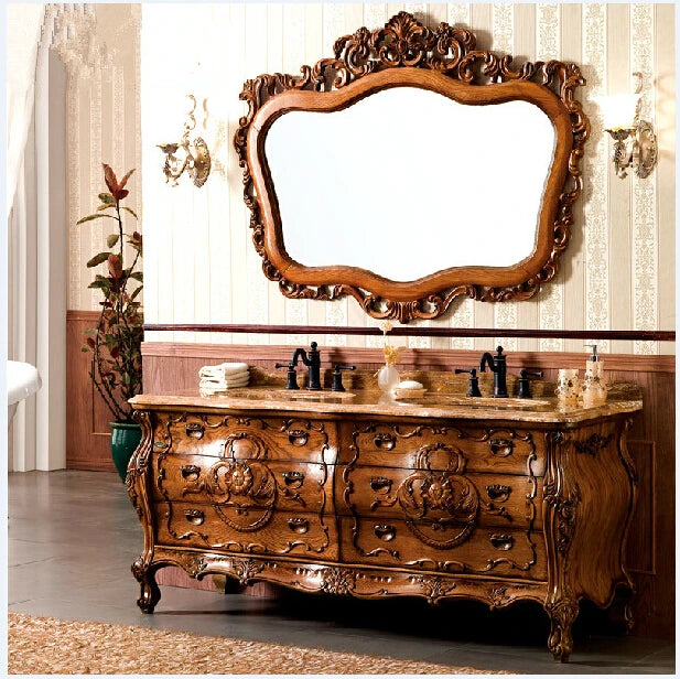 European Style Bathroom Vanity Cabinet, Solid Red Oak Wood Combination Curved Oak Double Basin, Marble Top