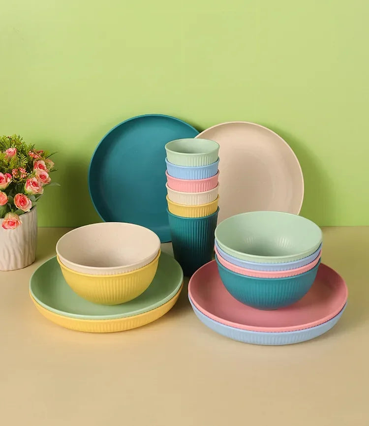 Wheat Straw Dinnerware Set Eco-friendly Safety Plates Cups Bowels, Tableware Set for Outdoor Camping