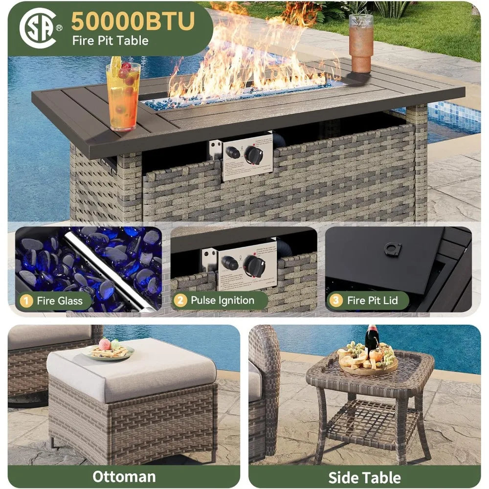 Grey Wicker Rattan Outdoor Patio Furniture Set 10-Piece with Fire Pit, Table,