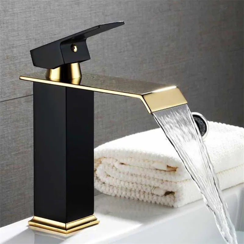 Brass Gold and Black Waterfall Bathroom Faucet