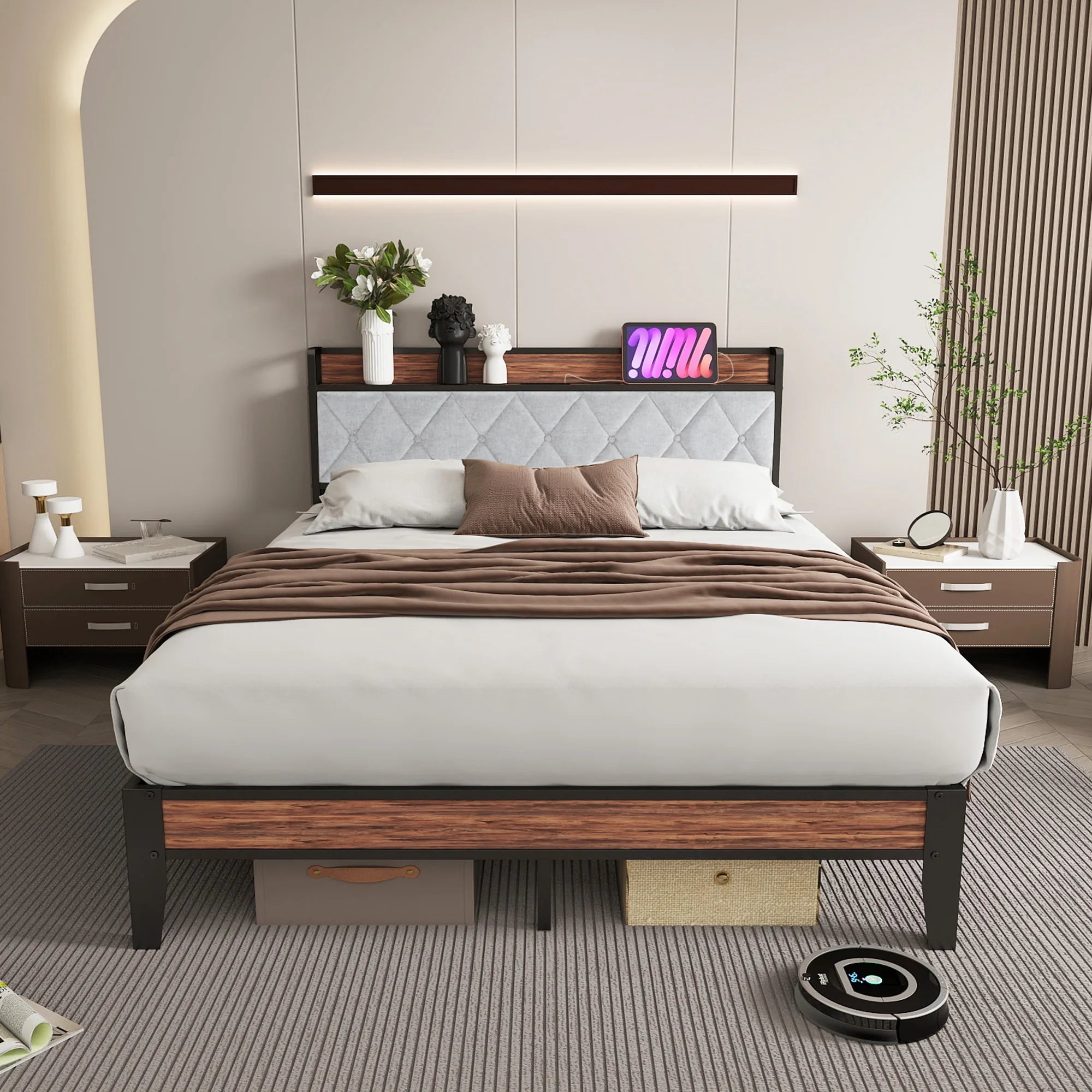 JHK Soft Pack Heavy Duty Metal Bed Frame with Headboard Charging Station, 1100lbs Capacity