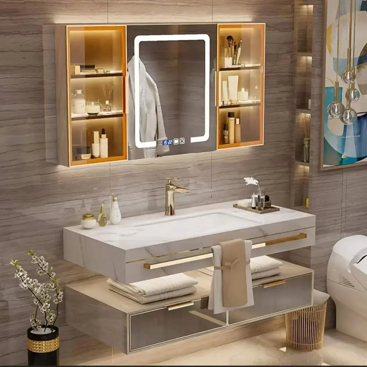 Modern Slate Bathroom Cabinet with Double Washbasin Smart Mirror