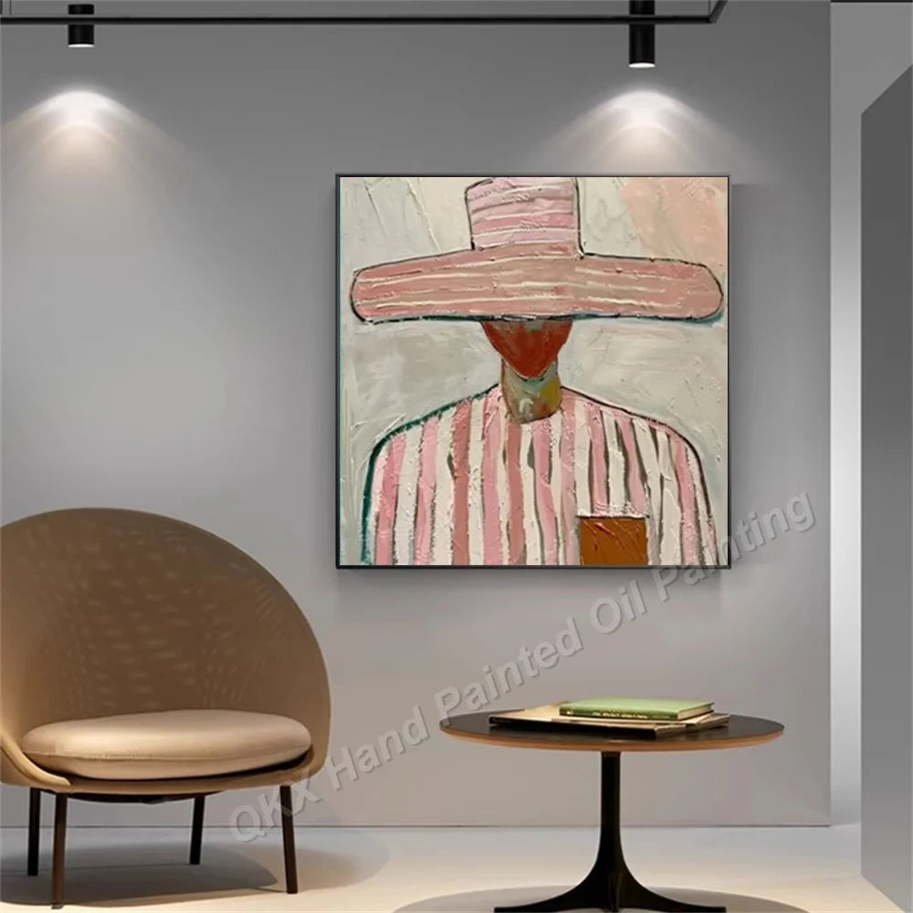 Hand-Painted Oil Painting on Canvas, Macaron Tone Striped Figure Textured Abstract Wall Painting